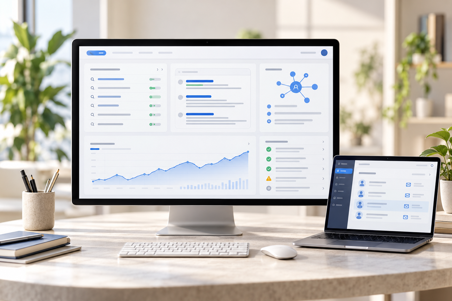 AI-assisted SEO dashboard showing keyword research, search performance, and enquiry tracking.