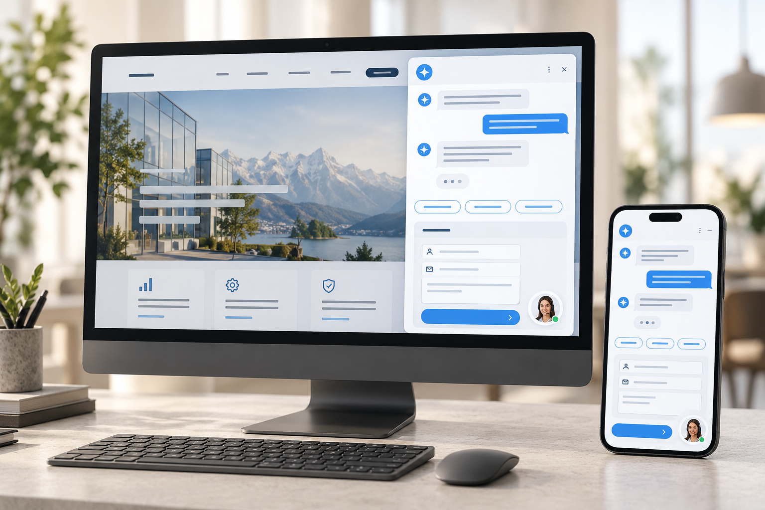 Website AI chatbot on desktop and mobile with enquiry capture and human support options.