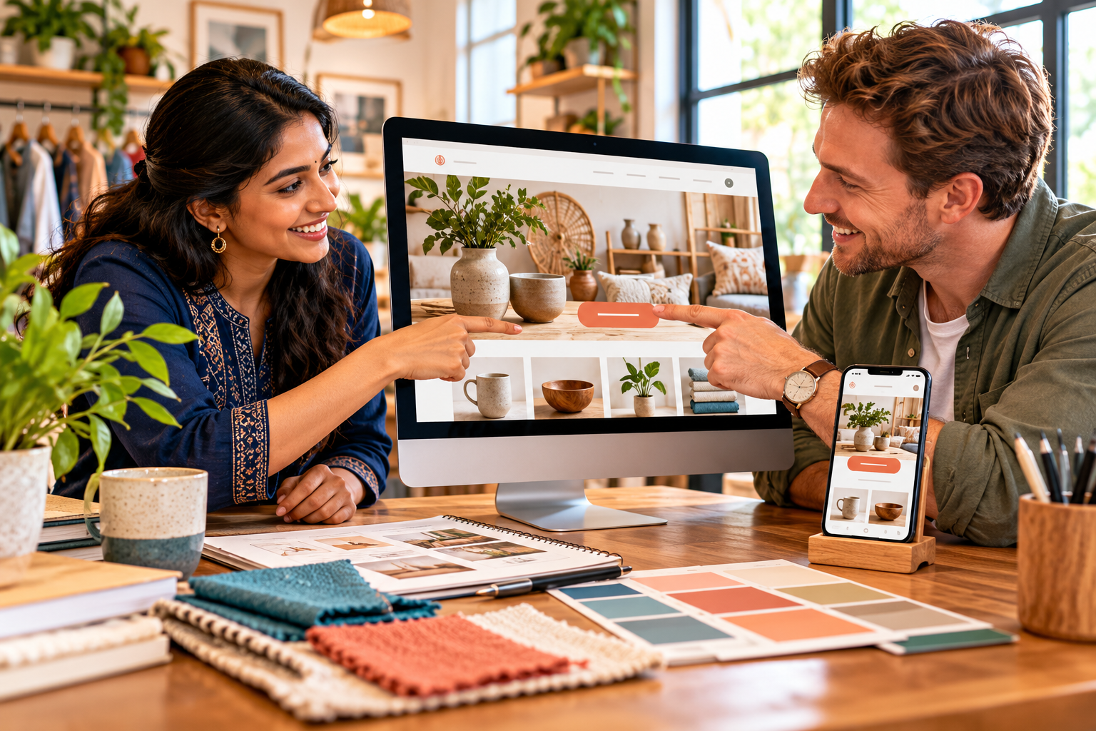 Designer and business owner reviewing a website across desktop and mobile.