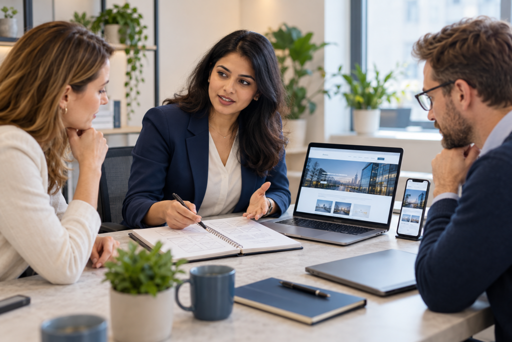 Illustrative consultation showing an Indian technology consultant discussing website requirements with European business clients.