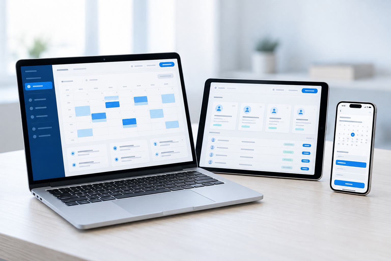 Geschäftsanwendung mit Kalender, Kundenportal und Buchungsfunktion auf Laptop, Tablet und Smartphone.
