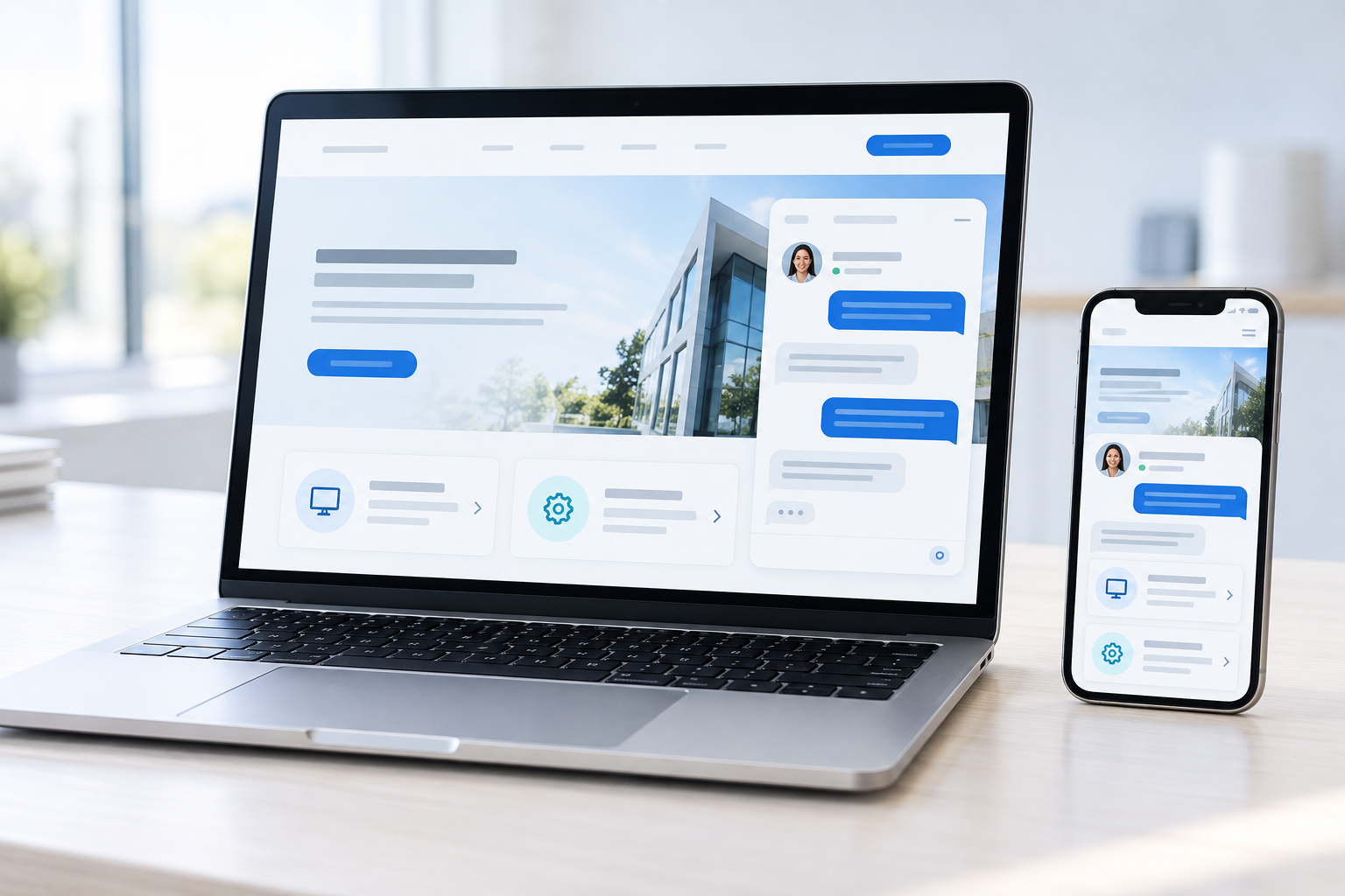 Unternehmenswebsite mit Chat-Assistent auf Laptop und Smartphone.