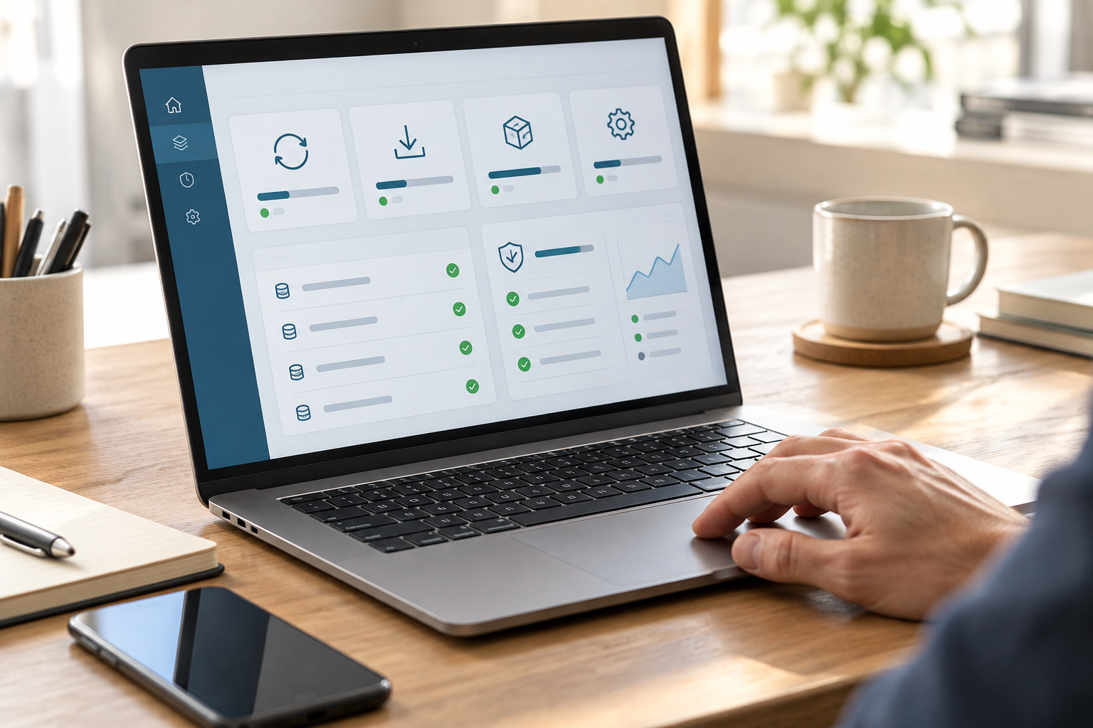 Laptop mit Übersicht zu Website-Updates, Backups und Sicherheitsprüfungen.