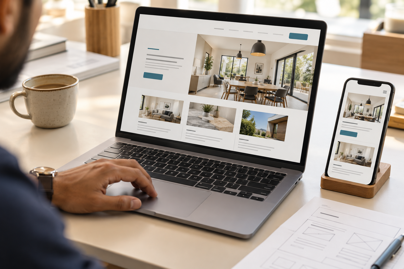 Responsive Unternehmenswebsite auf Laptop und Smartphone.
