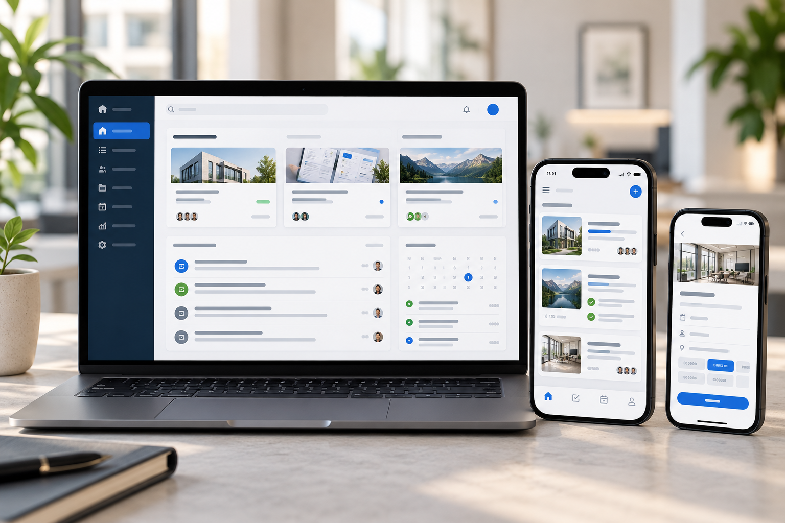 Custom business web application on a laptop with matching mobile app interfaces on smartphones.