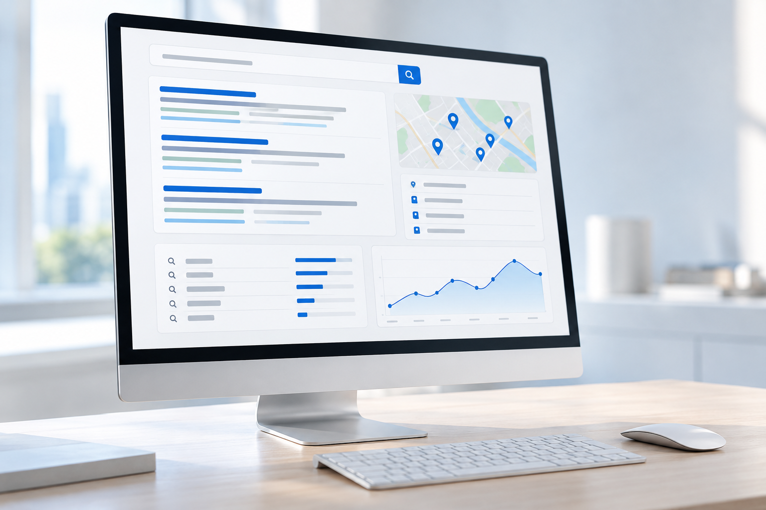 Bildschirm mit Suchergebnissen, lokalen Standortdaten, Keyword-Analyse und Leistungsdiagramm.