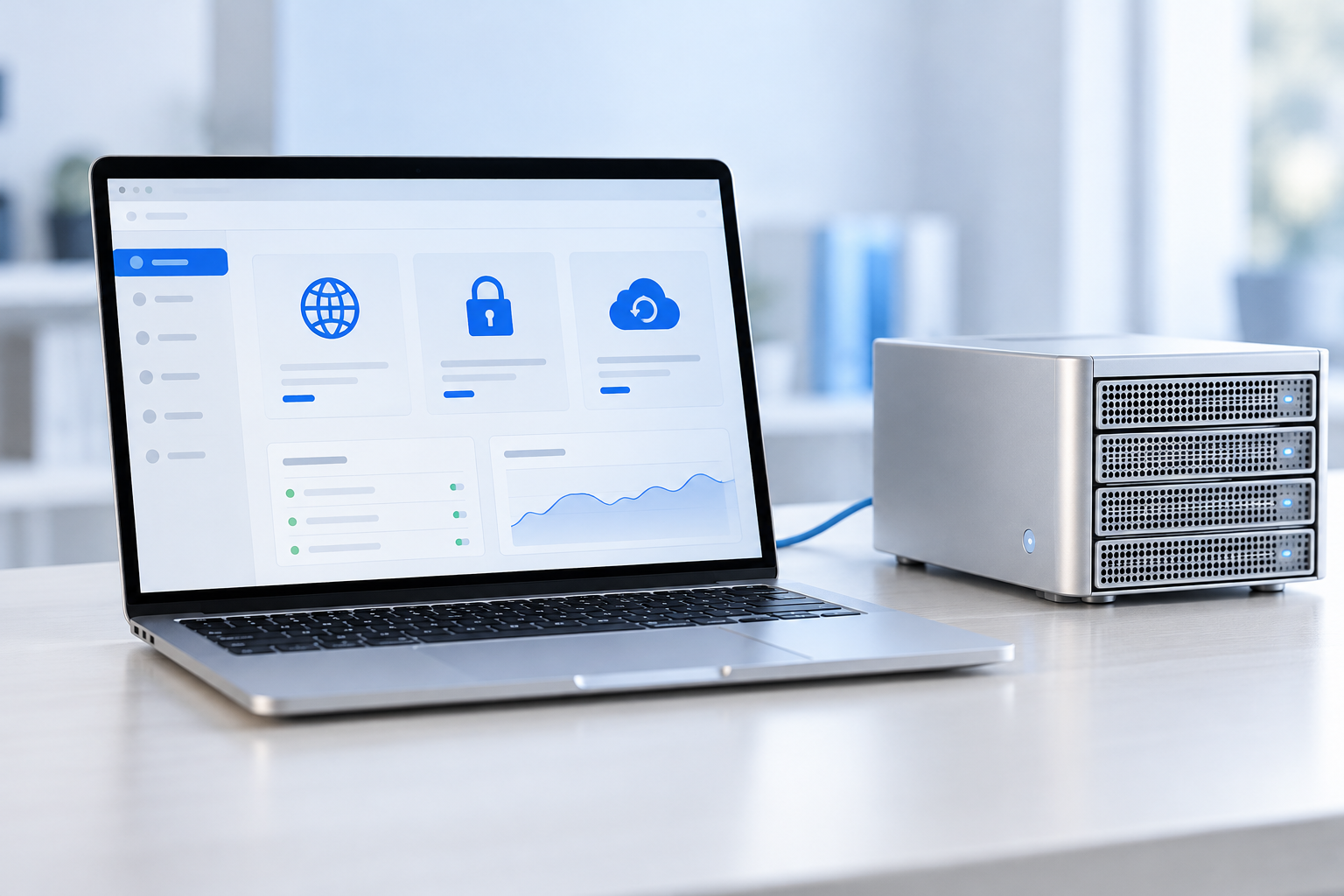 Laptop mit Hosting-Verwaltung neben einem kompakten Servergerät.