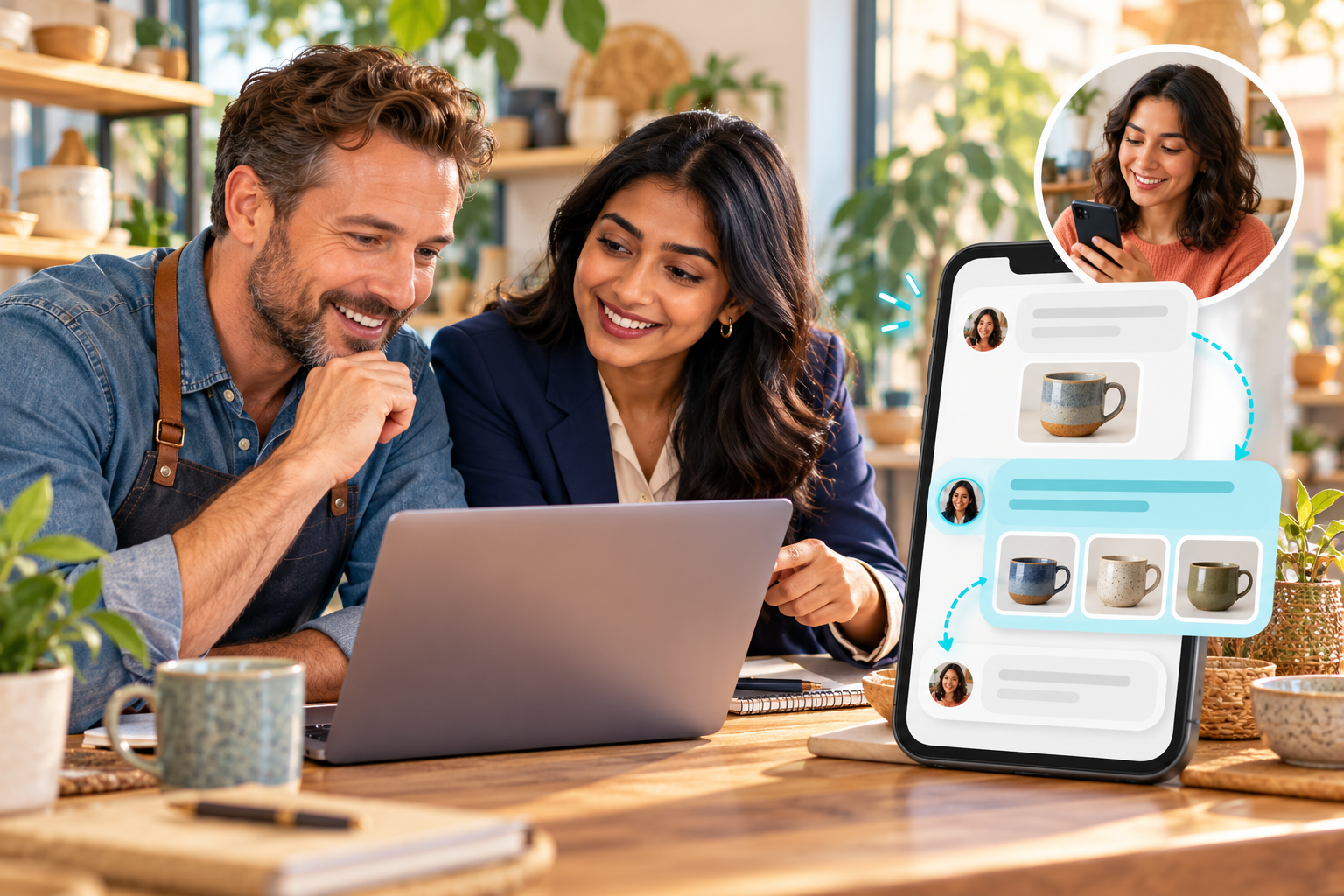 Business owner and consultant reviewing an AI shopping assistant that helps customers find products.