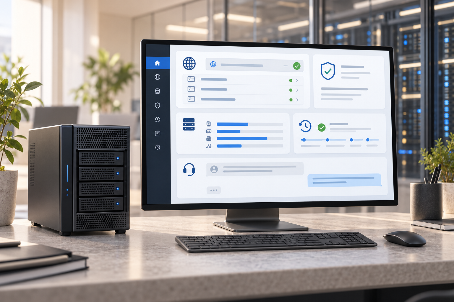 Website hosting dashboard showing domain management, security checks, backups, and technical support.