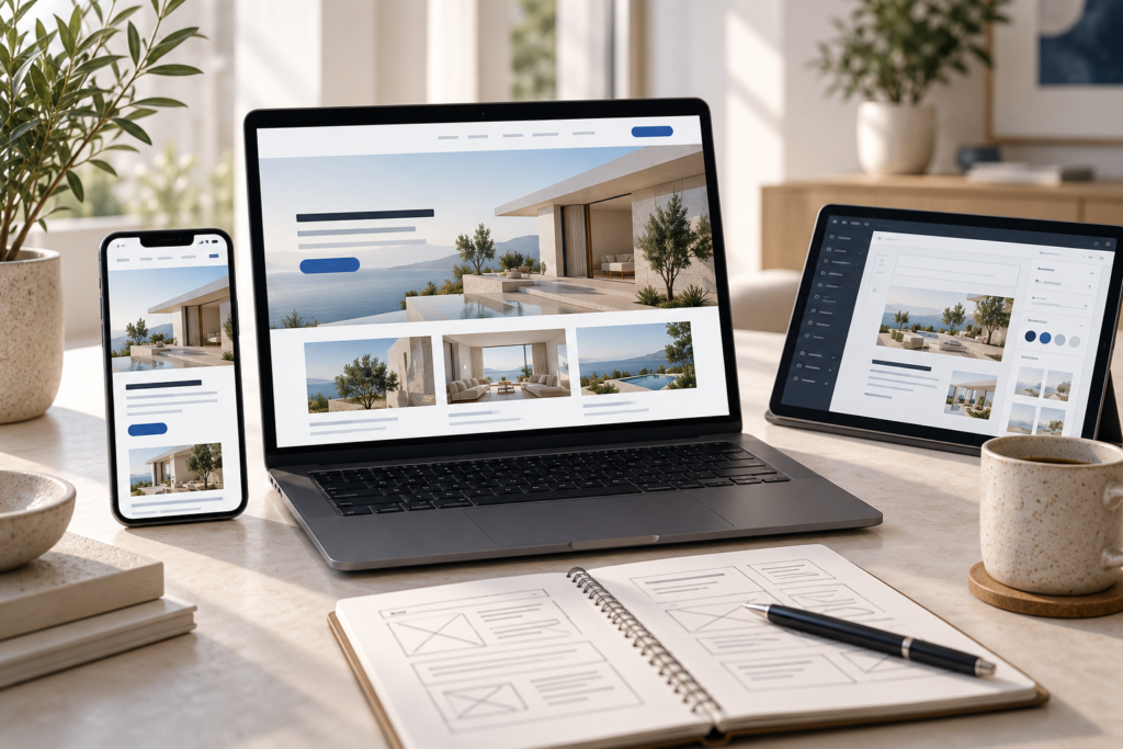 Responsive website previews alongside a page editor and planning sketches.