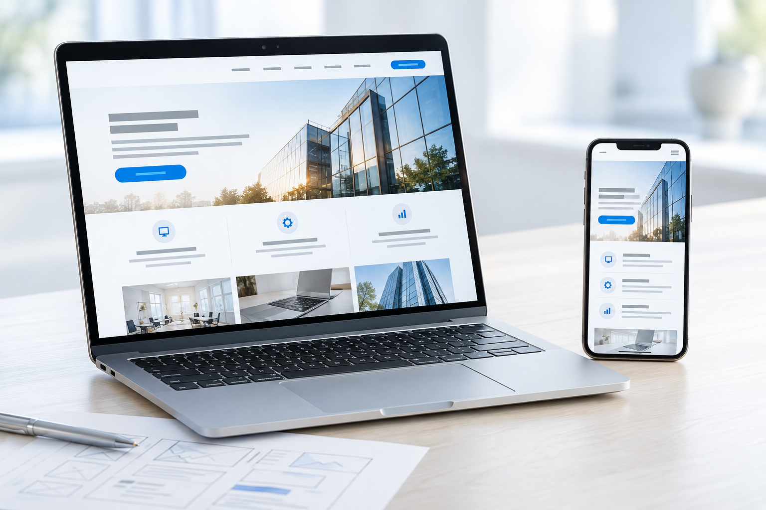 Responsive Unternehmenswebsite auf Laptop und Smartphone neben einem Website-Entwurf.