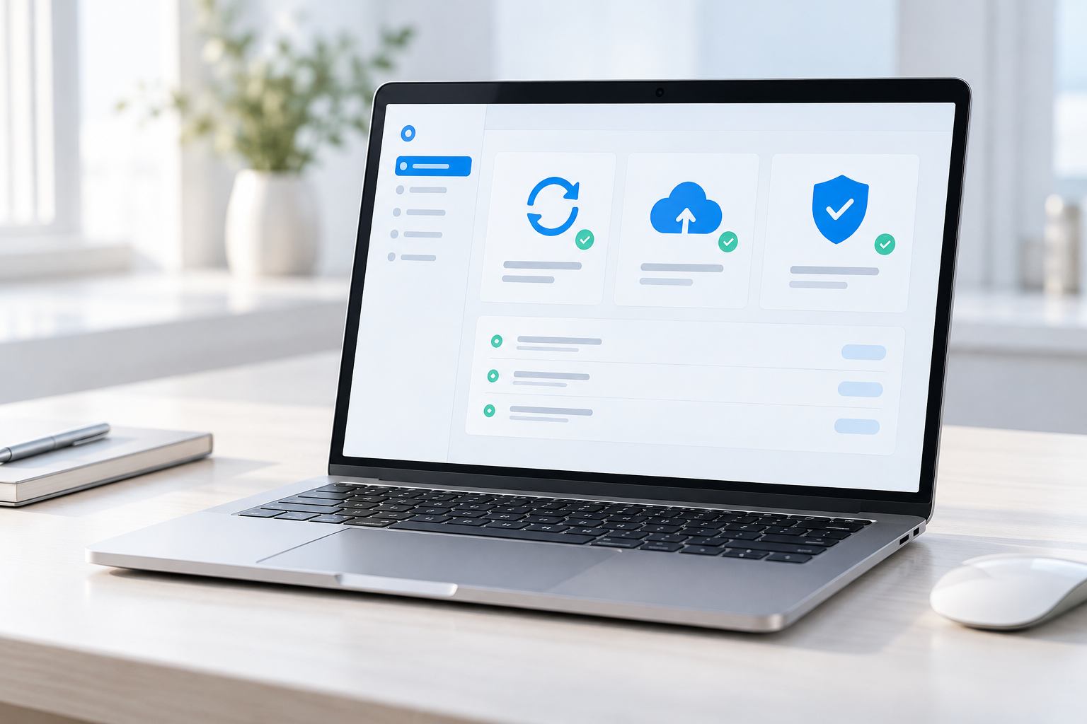 Laptop mit Statusübersicht für Website-Updates, Backups und Sicherheitsprüfungen.