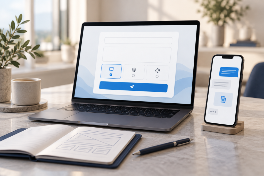Laptop displaying a project enquiry form beside a smartphone conversation and website planning notebook.
